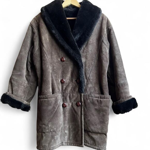 Vintage 80’s Steve & Searle Brown Sheepskin/Suede Leather Coat W/Black Shearling - Picture 2 of 8